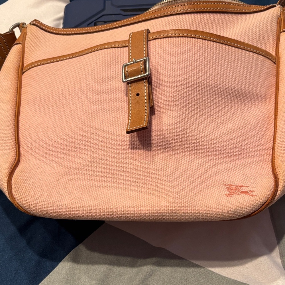 Burberry Pink Canvas Shoulder Bag with Tan Trim